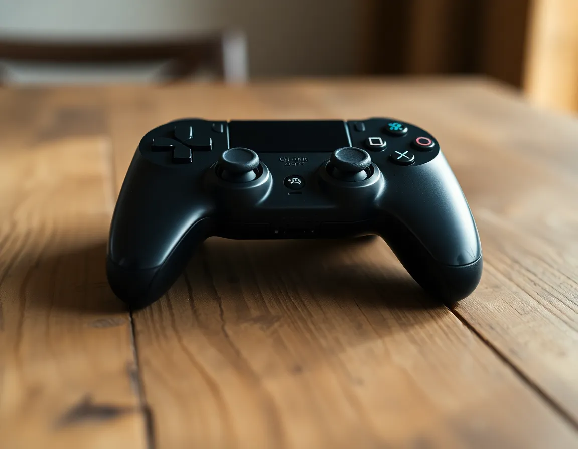 Detailed Gaming Controller on Wooden Table This macro photograph beautifully highlights the intricate design of a gaming controller resting on a rustic wooden table. Soft, diffused daylight captures the glossy surface of the controller, bringing out its stunning details against the warm textures of the wood. The balanced composition and clarity create a striking visual, showcasing modern gaming technology in a tranquil, earthy setting.