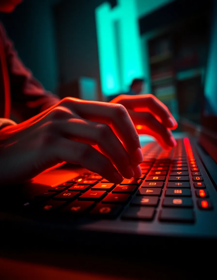 High-End Gaming Keyboard with Neon Backlight This striking image features a high-end gaming keyboard bathed in dramatic backlighting from a neon sign, creating a cool and vibrant atmosphere. The shallow depth of field brings sharp attention to the multicolored backlit keys, enhanced by cinematic teal and orange color grading. The diagonal composition showcases the sleek lines of the keyboard, inviting gamers into a world of immersive gameplay.