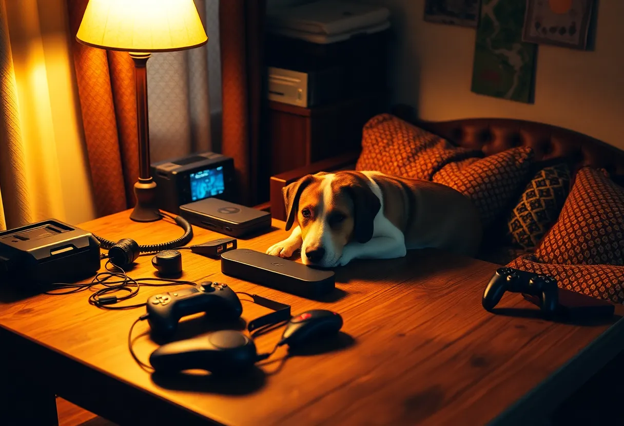 Cozy Gaming Nook with a Resting Dog A heartwarming scene of a cozy gaming nook featuring a content dog resting beside an array of gaming gear. The warm glow from a tungsten lamp bathes the weathered oak table, creating an inviting atmosphere. The shallow depth of field isolates the dog, emphasizing its relaxed demeanor while the gaming accessories softly blur into the background. This image captures the balance of gaming life and companionship, creating a sense of warmth and comfort.