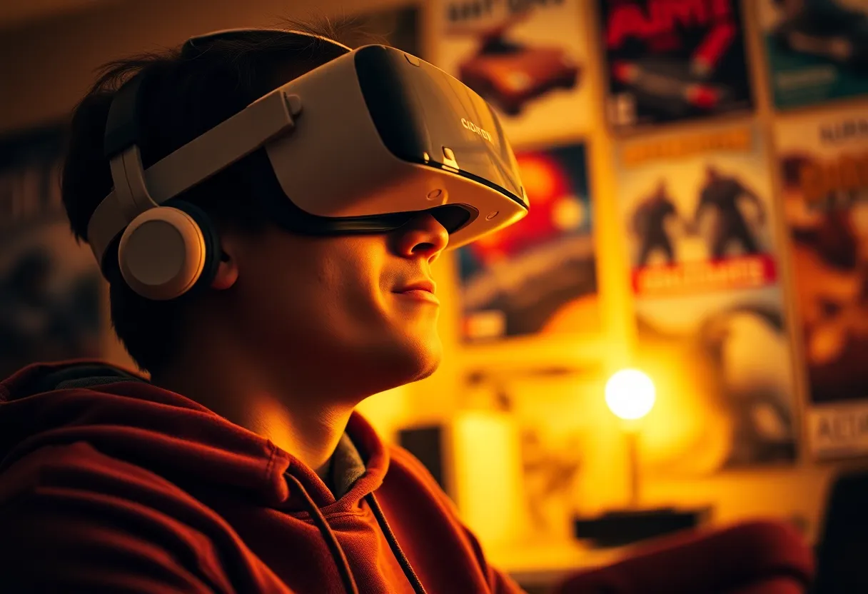 Gamer Immersed in Virtual Reality Experience This image features a passionate gamer deeply immersed in a virtual reality experience, captured under warm tungsten lighting that adds a cozy ambiance. The shallow depth of field beautifully blurs the background, focusing on the player's intense expression and the intricate details of the VR headset. The warm Kodak Portra 400 color palette enhances skin tones, making the scene inviting and relatable. Perfect for showcasing the immersive nature of modern gaming technology.