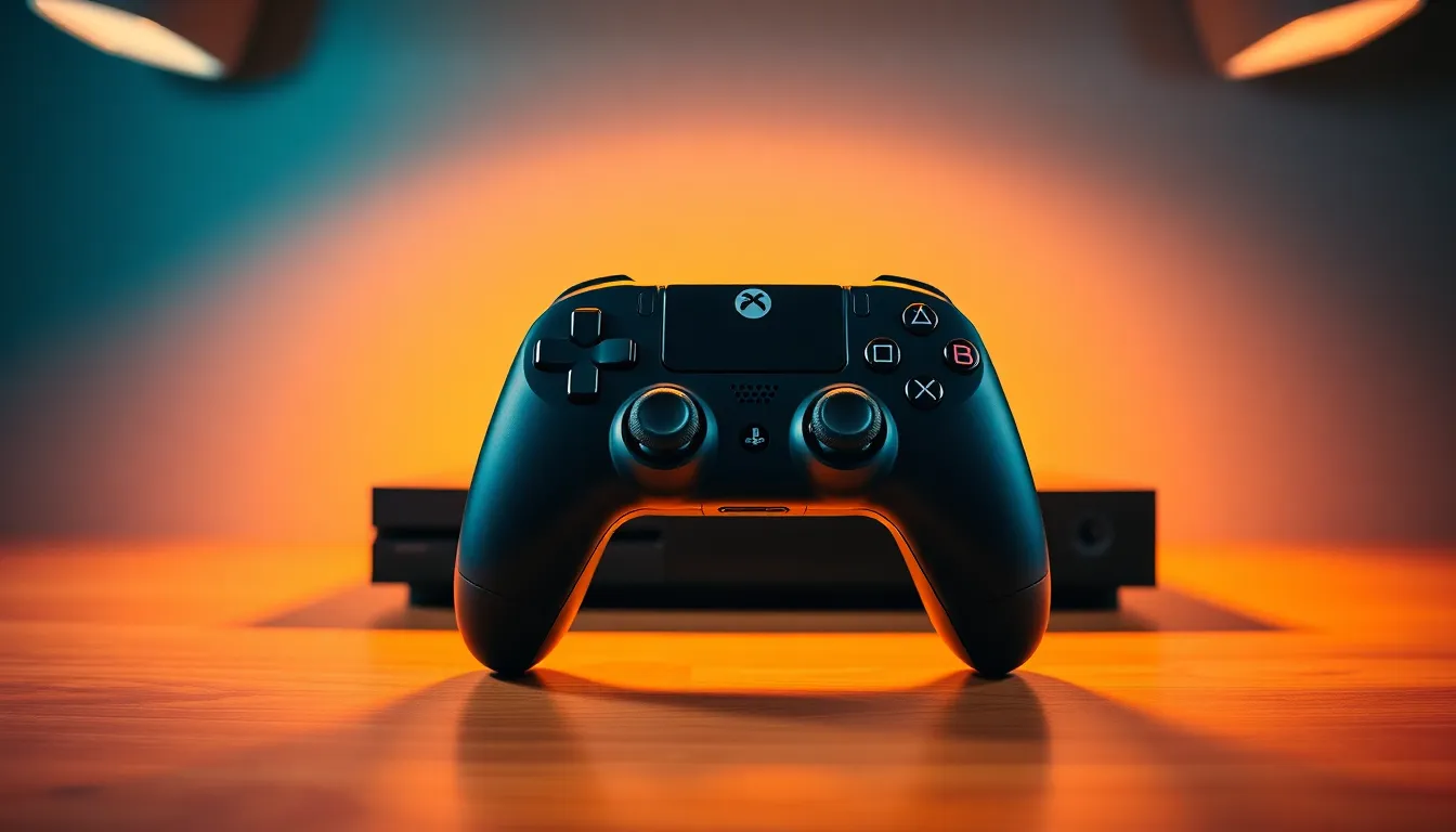 This image features a high-end gaming controller resting on a modern gaming console. Warm overhead studio lighting enhances the sleek design, bringing out the vibrant blue and green hues of the devices. The shallow depth of field emphasizes the controller's intricate texture, inviting gaming enthusiasts to appreciate its craftsmanship. The centered composition creates a balanced visual, perfect for showcasing gaming technology.