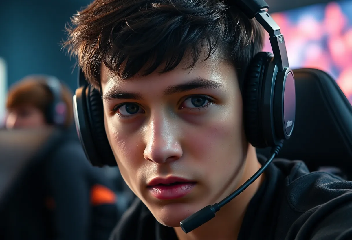 An esports athlete is captured in a moment of intense focus during a competitive tournament. The soft Rembrandt lighting brings attention to their determined expression and the subtle sheen of sweat on their forehead, emphasizing the high stakes of the game. The warm tones and deep shadowing create an intimate atmosphere, while a centered composition draws the viewer's eye directly to the player's intense gaze. Textures of the gaming headset and equipment add authenticity to the scene.