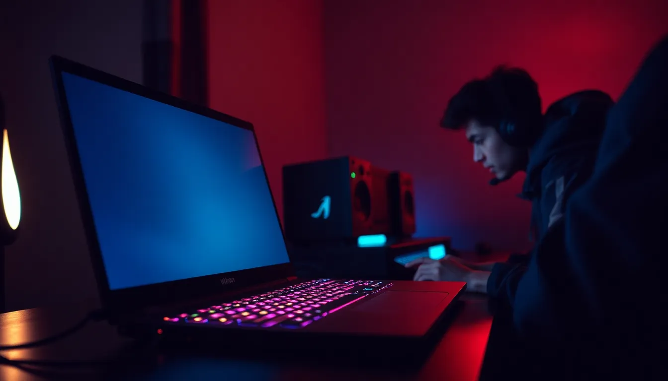 This image features a dramatic setup of a gaming laptop illuminated against the backdrop of a dark room during a nighttime gaming session. The vibrant RGB backlight of the keyboard contrasts with the dim surroundings, creating an immersive atmosphere. Hyperfocal depth ensures clarity throughout the scene, capturing the intensity of the gaming experience. The composition effectively leads the viewer's gaze towards the focused gamer, highlighting the captivating allure of late-night gaming.