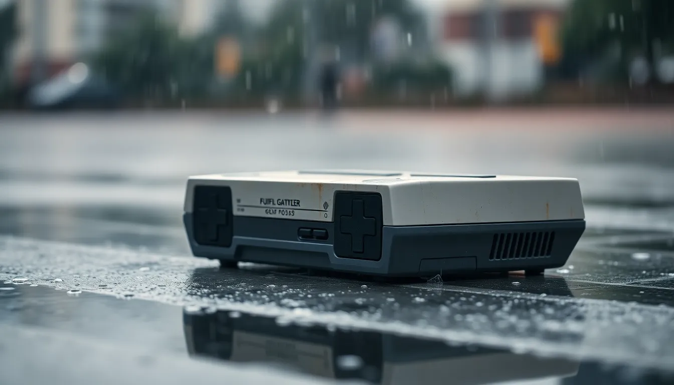 This evocative image features a vintage gaming console resting on a wet surface during a rainy day. The soft diffused light enhances the atmosphere, evoking a sense of nostalgia. The desaturated color palette adds to the mood, while the leading lines created by rain droplets draw attention to the console's cherished, worn surface. This photograph captures the essence of gaming history and the emotional connection many have with classic games.