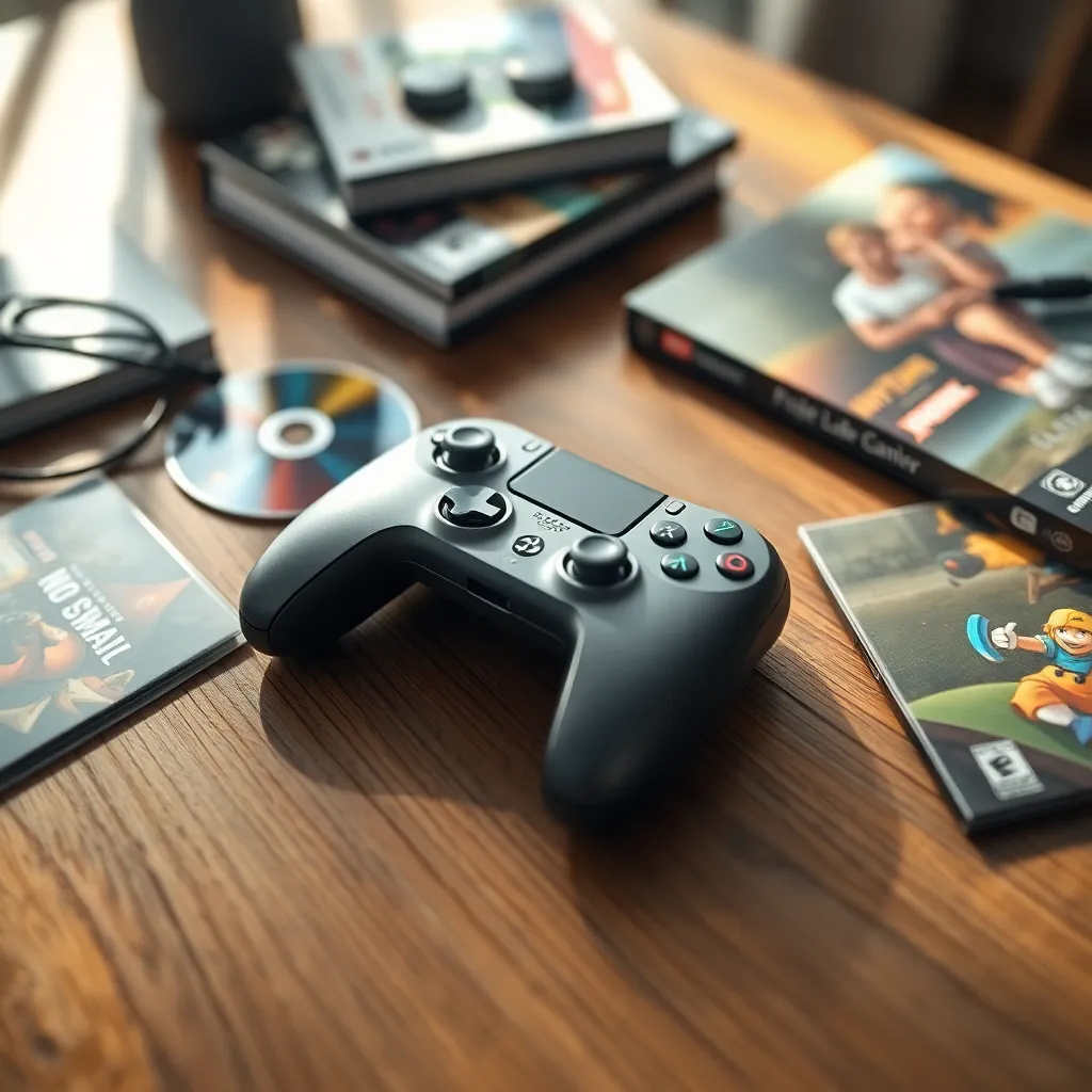 This flat lay showcases an array of gaming accessories artfully arranged atop a textured wooden table. The sleek controller, vibrant game discs, and strategic gaming books are illuminated by natural diffused daylight, creating soft shadows that enhance the textures of each item. The macro detail captures the essence of gaming culture, with earthy tones complemented by vibrant colors. The centered composition creates a balanced visual to appeal to gaming enthusiasts and collectors alike.
