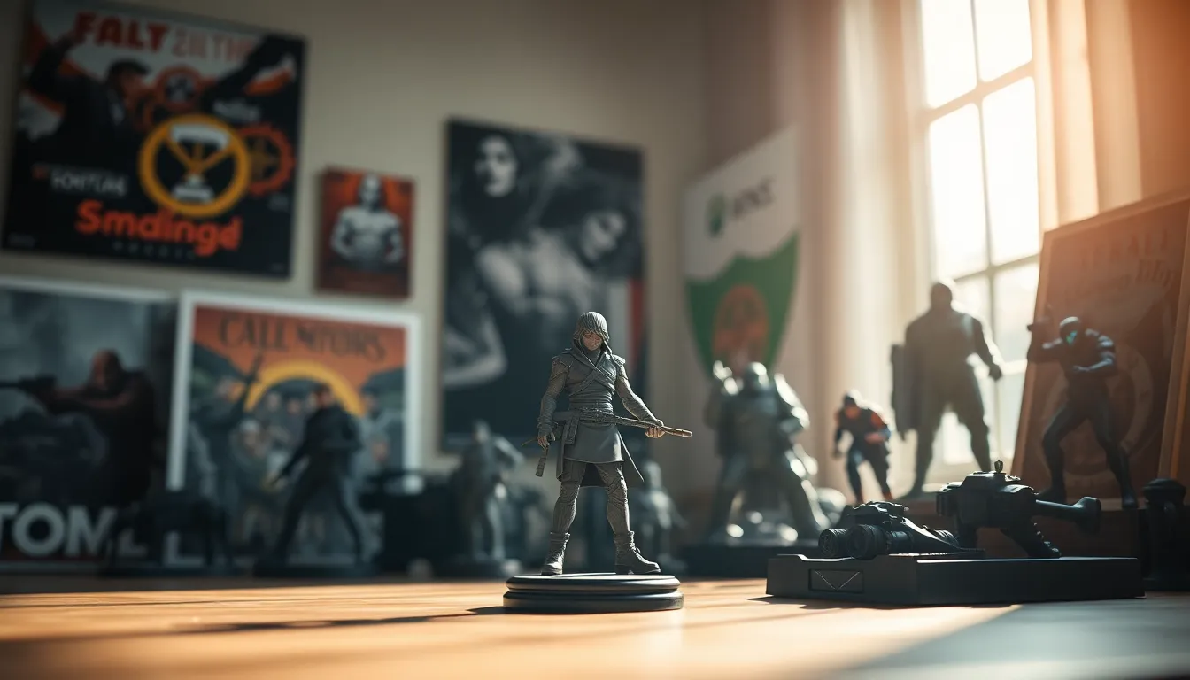 Artful Arrangement of Gaming Merchandising This meticulously styled image showcases an artful arrangement of gaming merchandise including figurines and posters, creating a visually appealing display. The soft daylight streaming through large windows softly illuminates the scene, enhancing the organic textures of each collectible. The shallow depth of field draws attention to the centerpiece figurine, with beautifully muted colors and intricate details adding to the overall aesthetic. This image is perfect for showcasing gaming culture.