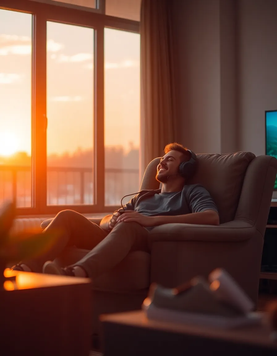 Gamer Relaxing in Cozy Room During Sunset