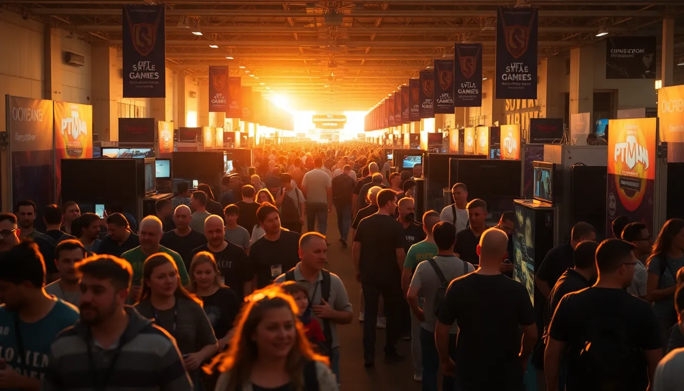 A lively gaming convention is captured in the golden hour, with rays of backlighting creating a warm atmosphere. Attendees are seen engaging with vibrant booths and displays, reflecting the excitement of the event. The use of hyperfocal distance keeps the entire scene in sharp focus, showcasing the detailed environment and expressions of the crowd. Saturated colors enhance the vibrancy of the atmosphere, with leading lines guiding the viewer's eye through the energetic setting.