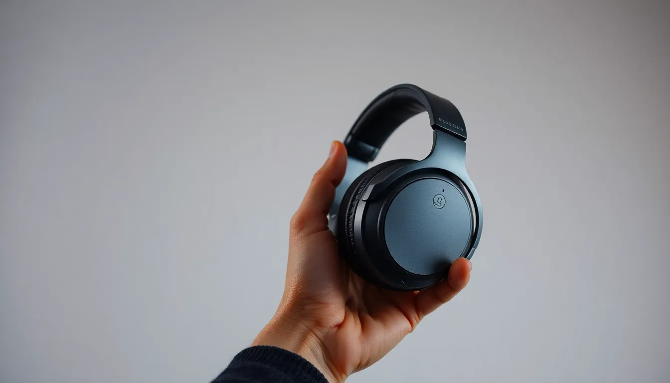 An artistic portrayal of a hand gracefully holding a premium gaming headset, captured in a controlled studio environment. The soft light from the octabox creates flattering shadows that enhance the intricate details of both the headset and the hand. The centered composition focuses the viewer's attention on the product, while the smooth gradient background ensures it stands out beautifully. This image effectively conveys the luxurious feel of the gaming accessory.