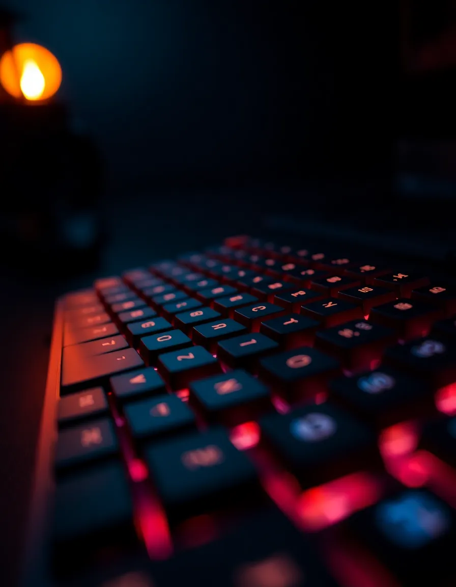 This close-up captures the intricate details of a gaming keyboard, showcasing its vibrant RGB backlighting against a dark backdrop. Subtle firelight enhances the dramatic ambiance, casting a warm glow that contrasts beautifully with the cool colors of the lighting. The use of shallow depth of field isolates the texture of the keys, highlighting their design. The cinematic teal and orange grading amplifies the visual impact, making this image an ideal representation of modern gaming aesthetics.