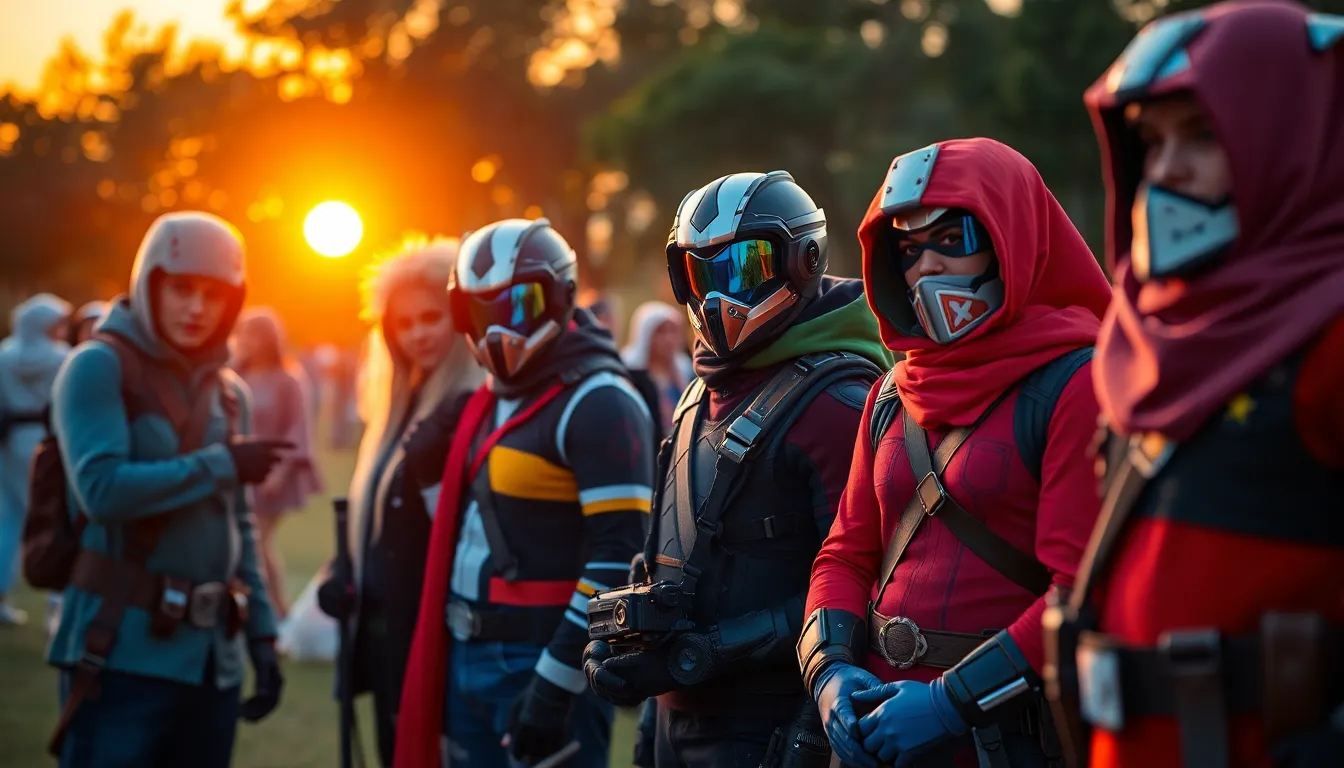 A vibrant scene capturing a group of cosplayers dressed as iconic video game characters, set against a stunning sunset backdrop. The warm light accentuates the detailed textures of their costumes, showcasing the creativity and craftsmanship involved. Selective focus enhances the expressions and poses of the characters, while the rule of thirds composition draws the viewer's eye across the engaging scene. This image encapsulates the joy of gaming culture and community.