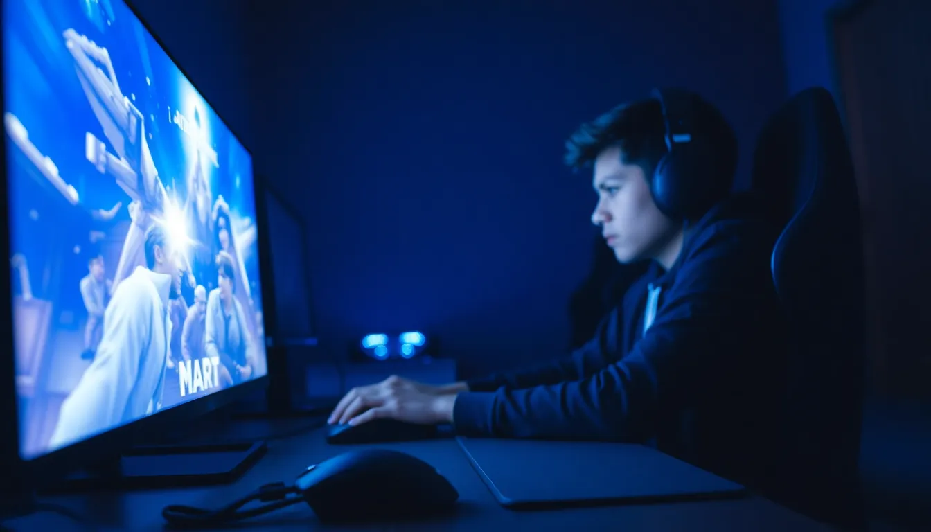 Intense Gamer in Dimly Lit Room