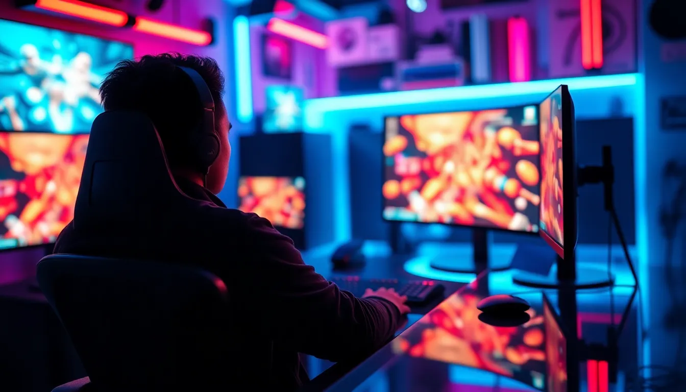 A dedicated gamer sits at a sleek gaming setup, immersed in the vibrant worlds displayed on dual monitors. Neon backlighting casts dynamic colors across the room, creating an electrifying vibe. The focus on the gamer is highlighted by the use of shallow depth of field, with the chaotic background softly blurred. The composition draws the viewer's eye, emphasizing the intensity of the gaming experience with reflections and textures that enhance the immersive environment.