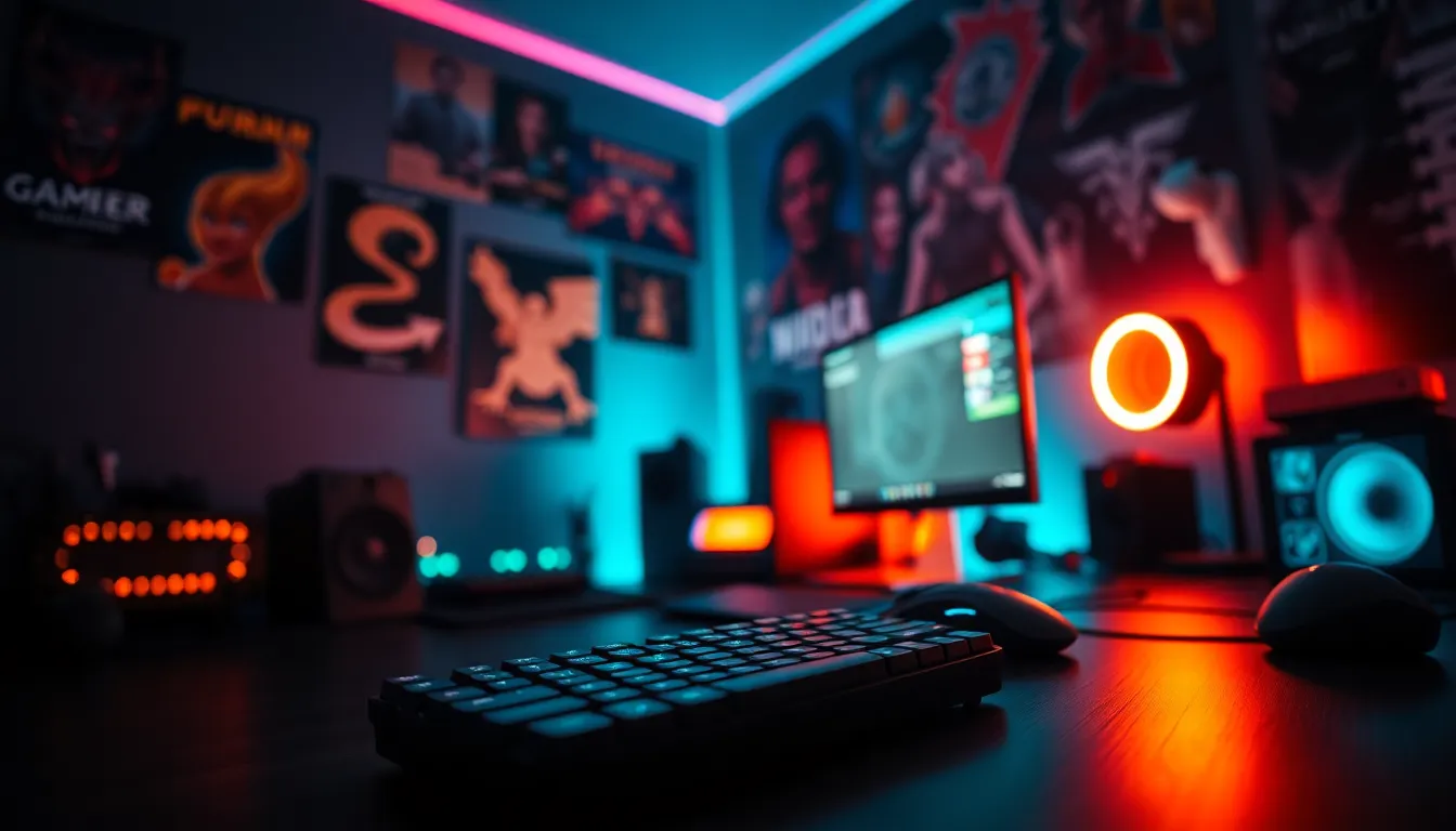 A captivating view of a gamer's desk, illuminated by vibrant RGB LED lights that set a moody ambiance. The image captures the intricate textures of the gaming keyboard and mouse, while posters and gear create an immersive atmosphere. The cinematic teal and orange color grading enhances the modern gaming feel, making it an inviting scene for gaming enthusiasts. The dynamic angle brings the viewer into the world of gaming.