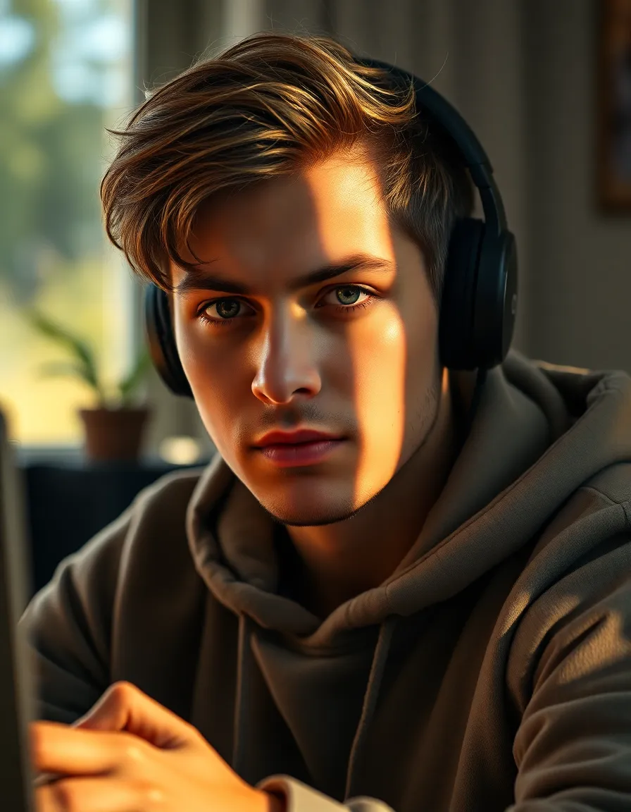 Gamer in Intense Focus with Natural Lighting