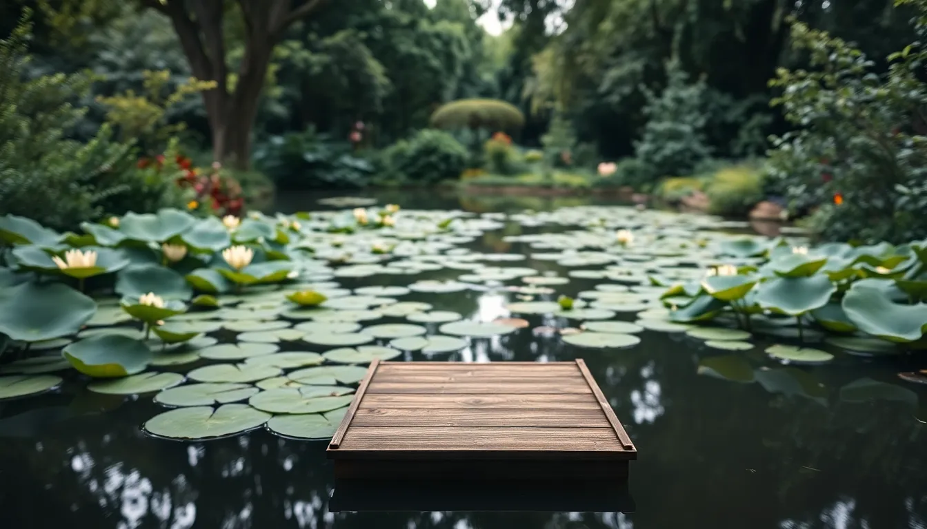 This serene image portrays a garden pond surrounded by vibrant greenery, featuring intricate lily pads floating gracefully. Soft overcast light enhances the natural colors, creating a soothing and peaceful atmosphere. The sharp focus captures every detail, from the leaves to the reflection in the water, making it a perfect escape into nature. This scene embodies tranquility and harmony, ideal for promoting outdoor spaces or wellness retreats.