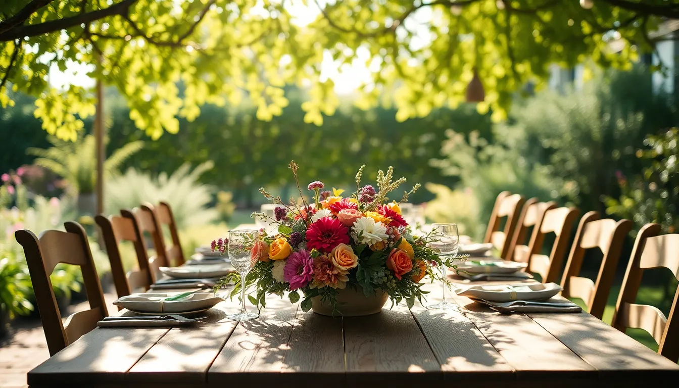 This vibrant scene showcases a charming garden party beautifully arranged under twinkling fairy lights. Sunlight filters through the leafy canopy, casting soft patterns onto a rustic wooden table adorned with colorful floral arrangements. The composition draws viewers' attention towards the lively centerpiece, surrounded by lush greenery that enhances the cheerful atmosphere. Warm colors and natural textures create an inviting and festive mood.