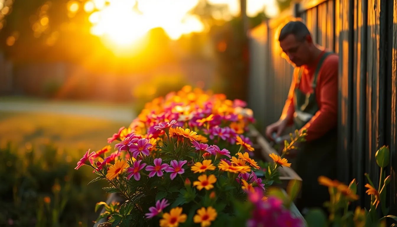 A serene garden scene at golden hour, featuring a devoted gardener nurturing a colorful flower bed. The warm sunlight creates a soft glow, highlighting the textures of the flowers and weathered wooden fence. With a shallow depth of field, the background melts into a soft bokeh, drawing attention to the lush greens and vibrant colors of the blossoms. This enchanting setting embodies tranquility and the beauty of nature.