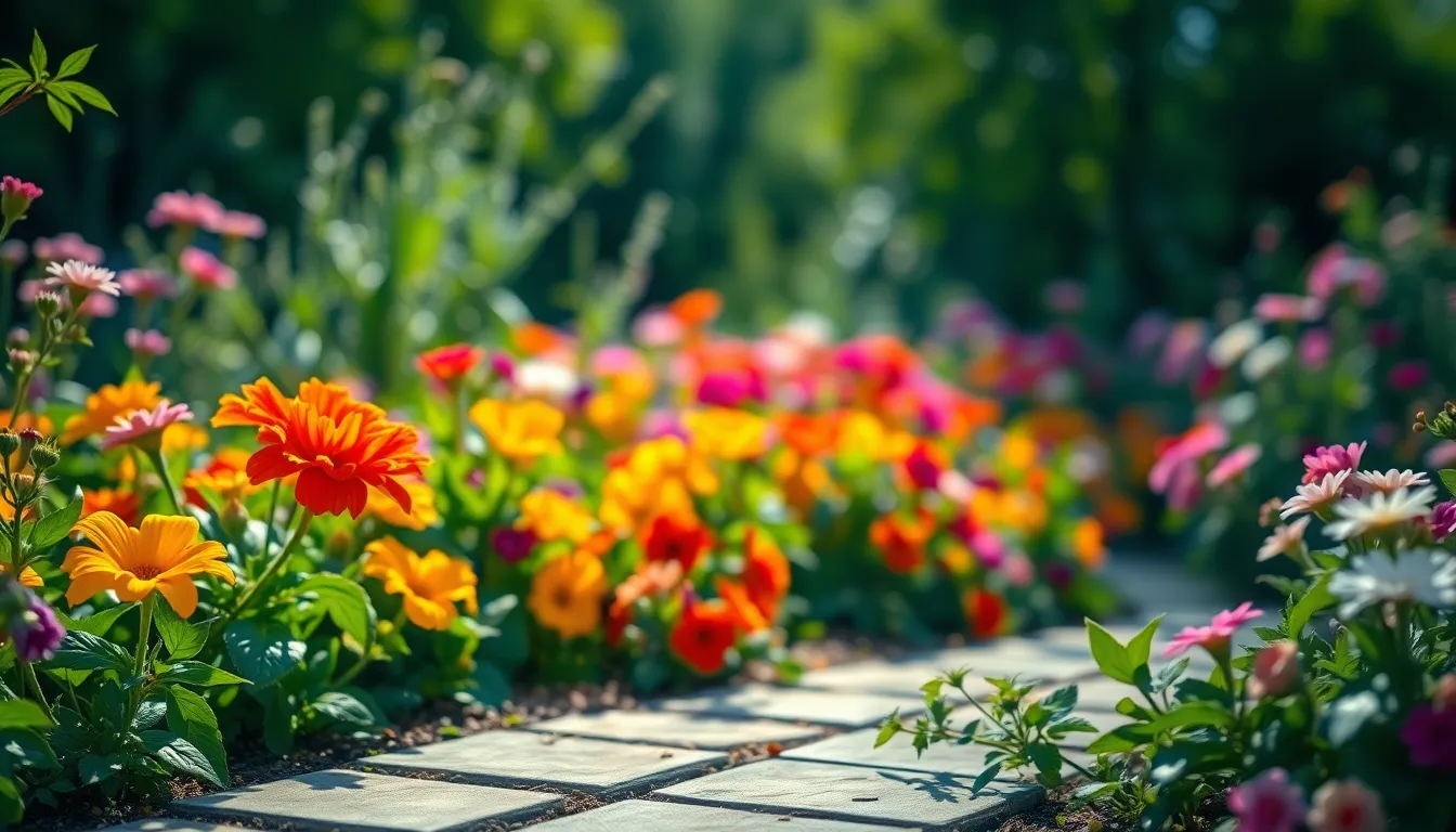 This image portrays a stunning flower garden bursting with color during a bright spring day. Captured with soft, diffused daylight, the vibrant petals of the blossoms stand out beautifully against the lush green foliage. The shallow depth of field draws attention to the flowers while creating an ethereal bokeh effect in the background. Textures of the petals and dewdrops sparkle in the light, adding to the overall freshness and vibrancy of the scene.