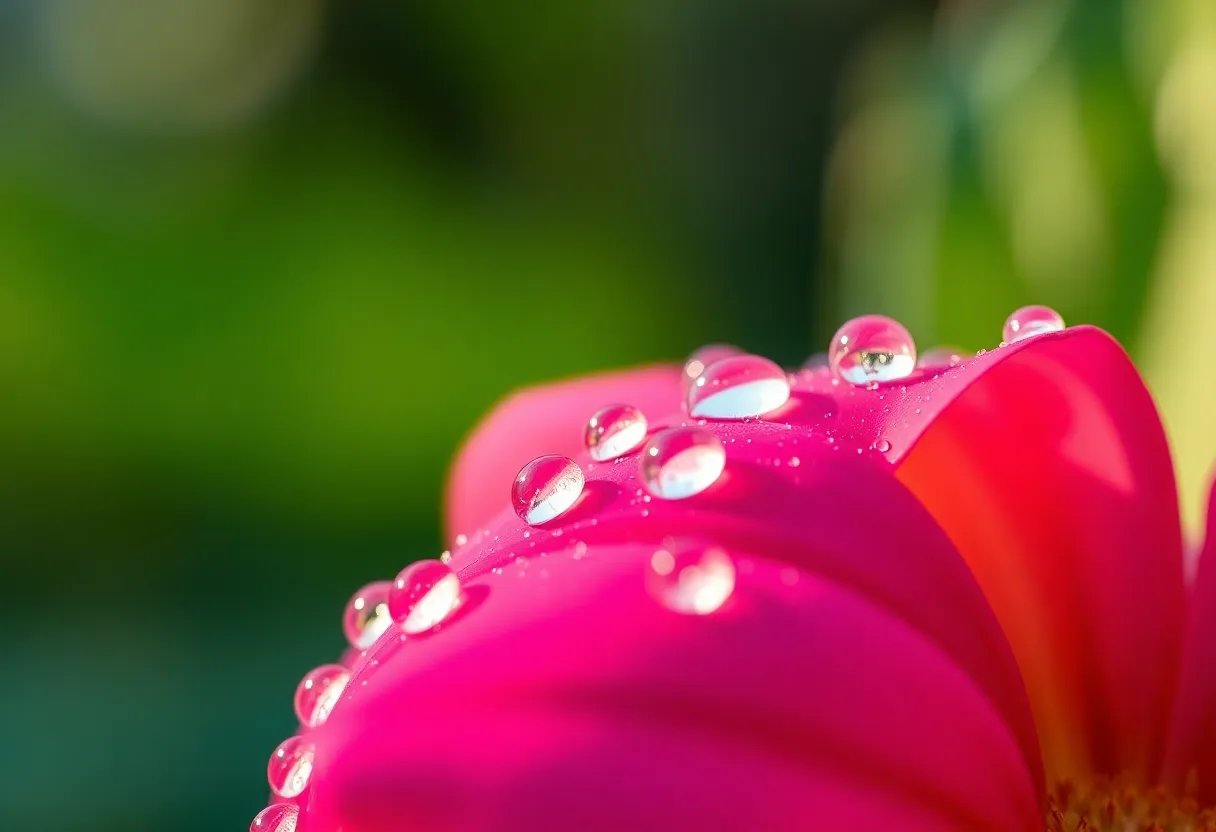 This stunning macro image showcases a flower adorned with morning dew, perfectly capturing the intricate textures and vibrant colors of nature. The delicate balance between sharp focus on the flower and the soft bokeh background evokes a sense of freshness and tranquility. Soft morning light enhances the saturation of the colors, making this image ideal for gardening or floral themes. Each dew drop refracting light adds to the overall beauty, inviting the viewer into a serene moment of nature.