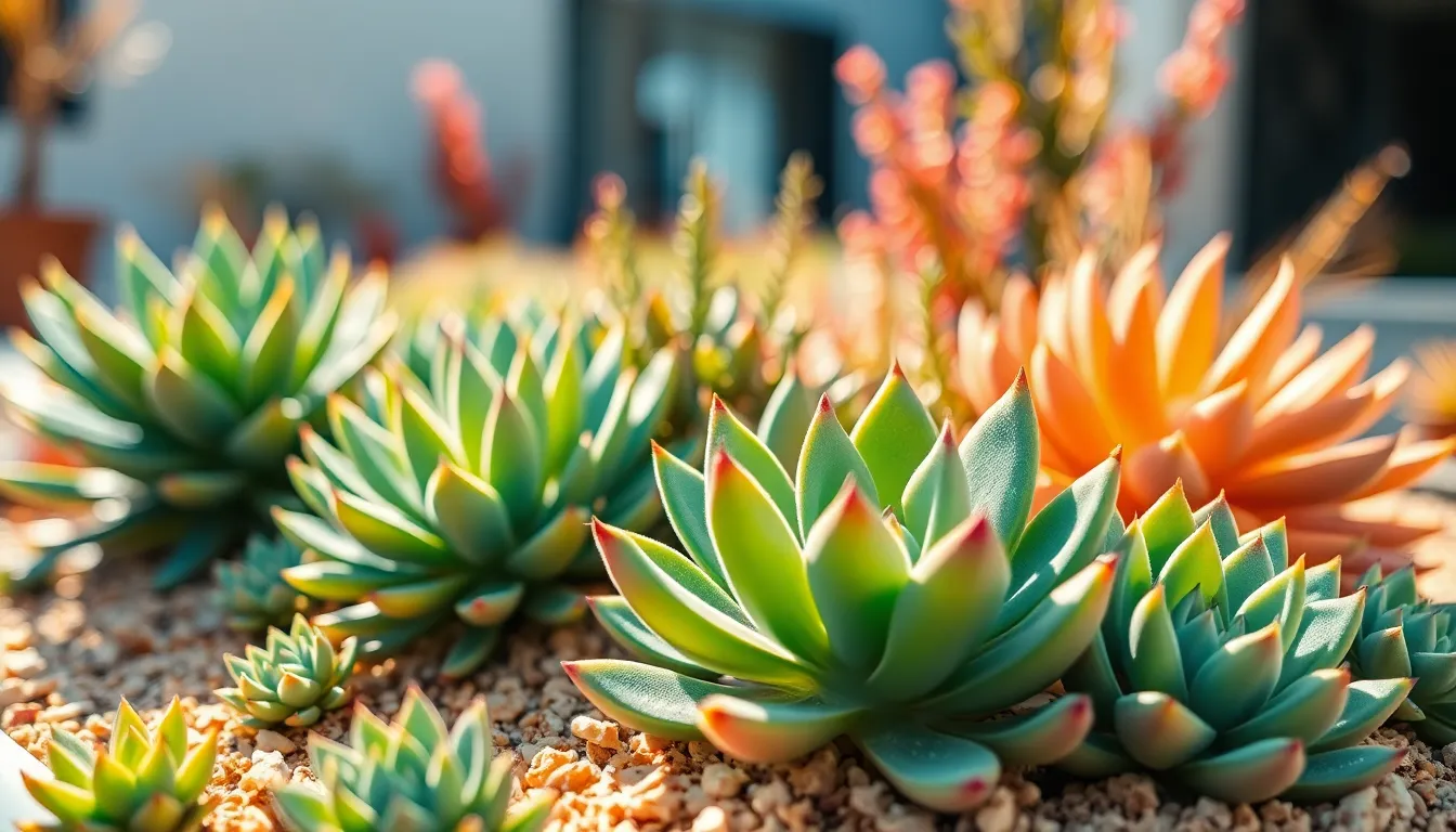 This vibrant image showcases a stunning arrangement of succulents in a contemporary garden. Bright midday sunlight bathes the scene, bringing out the lush colors and intricate textures of the plants. The composition is centered, highlighting the unique shapes and details of the succulents against a minimalist backdrop. The vivid color palette creates an inviting and lively mood, perfect for garden enthusiasts.