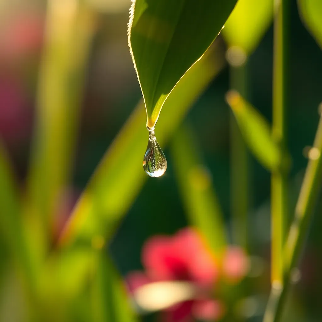Dewdrop on Leaf in Lush Garden