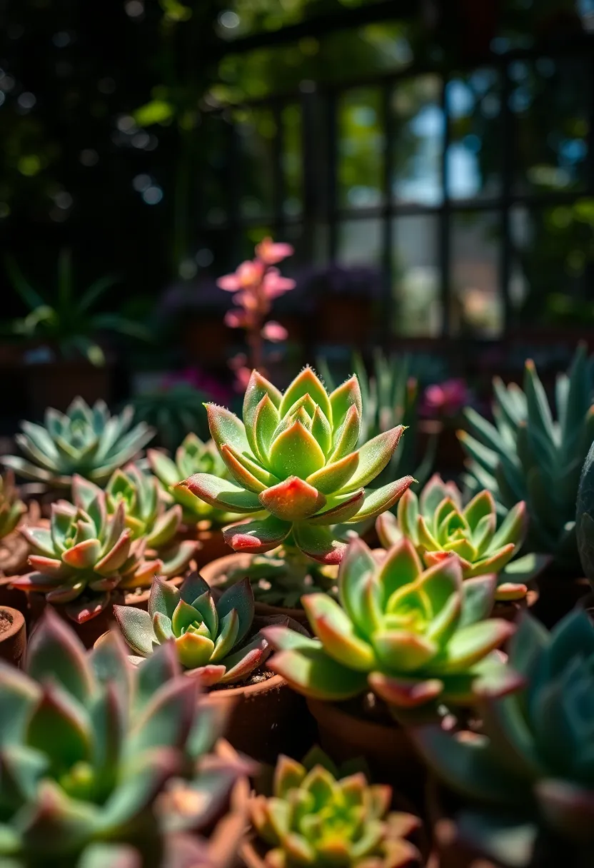 A captivating macro shot of a dew-kissed succulent, surrounded by a thriving arrangement of similar plants in vibrant colors. The dappled sunlight creates a mesmerizing play of light and shadow, enhancing the textures and rich hues. This image richly showcases the beauty of succulents in a well-kept garden, emphasizing their unique forms and colors. A perfect representation of plant life flourishing in natural light.