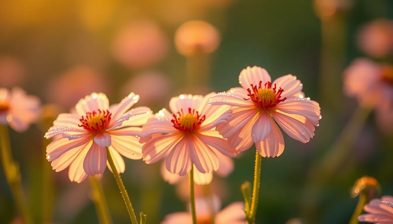 This breathtaking macro image captures delicate flowers adorned with glistening dew drops at dawn. The soft golden hour light accentuates the intricate details of the petals, creating a captivating and magical scene. Isolated by a shallow depth of field, the flowers draw the viewer's attention, surrounded by an impressionistic blur of natural colors. Perfect for floral enthusiasts and nature lovers, this image evokes a sense of freshness and tranquility.