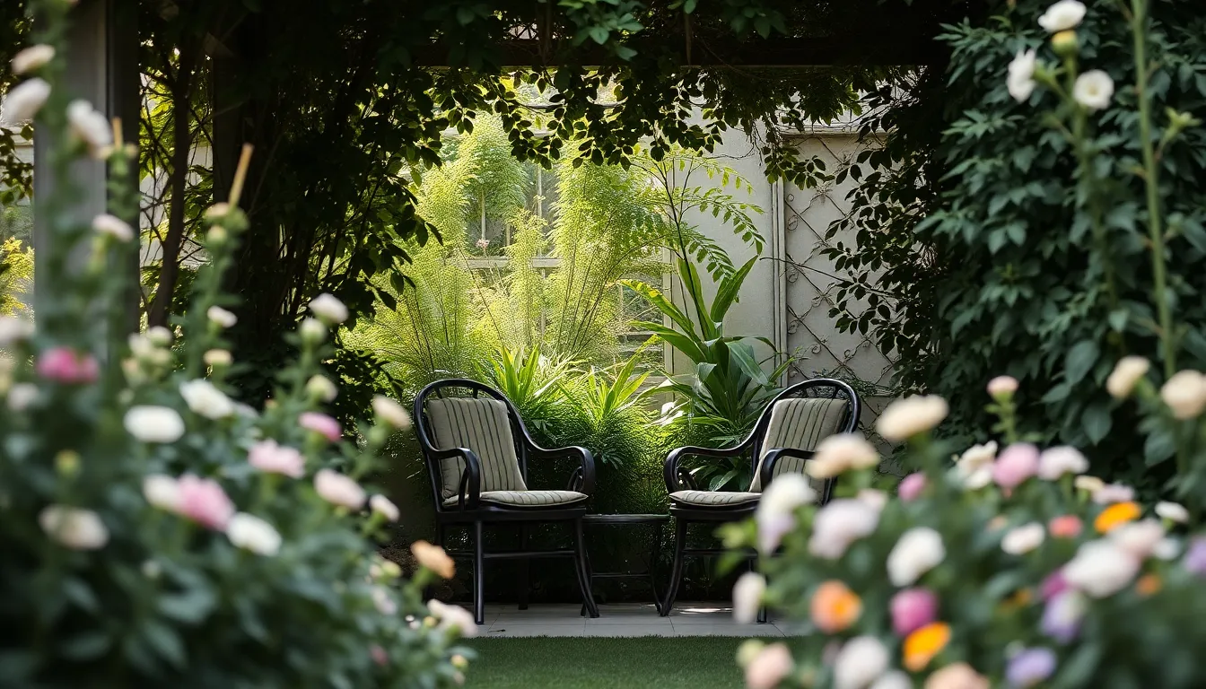 Cozy Garden Nook Surrounded by Nature A beautiful garden nook featuring comfortable seating enveloped by lush greenery and vibrant flowers, captured in soft ambient light. The shallow depth of field creates a dreamy focus on the seating area, inviting the viewer to imagine a relaxing moment in nature. The balanced asymmetrical composition and muted earthy tones create an inviting and tranquil atmosphere, perfect for enjoying the beauty of the outdoors.
