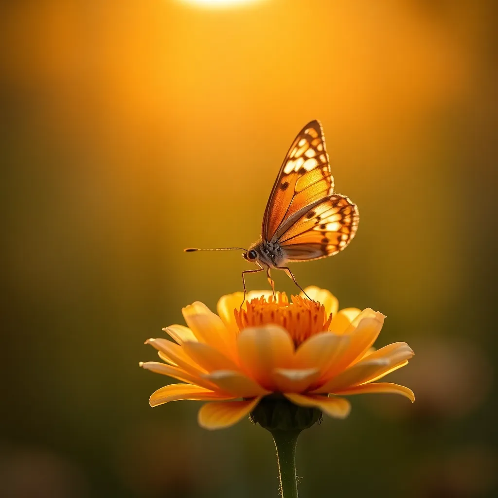 This breathtaking macro photograph showcases a butterfly delicately resting on a vibrant flower in the warm evening light. The shallow depth of field beautifully isolates the butterfly, allowing details of its intricate wings to emerge against a soft bokeh backdrop. Utilizing natural muted colors, the image evokes a serene and tranquil feeling. This close-up view invites viewers to appreciate the beauty of nature and the delicate interplay between flora and fauna.