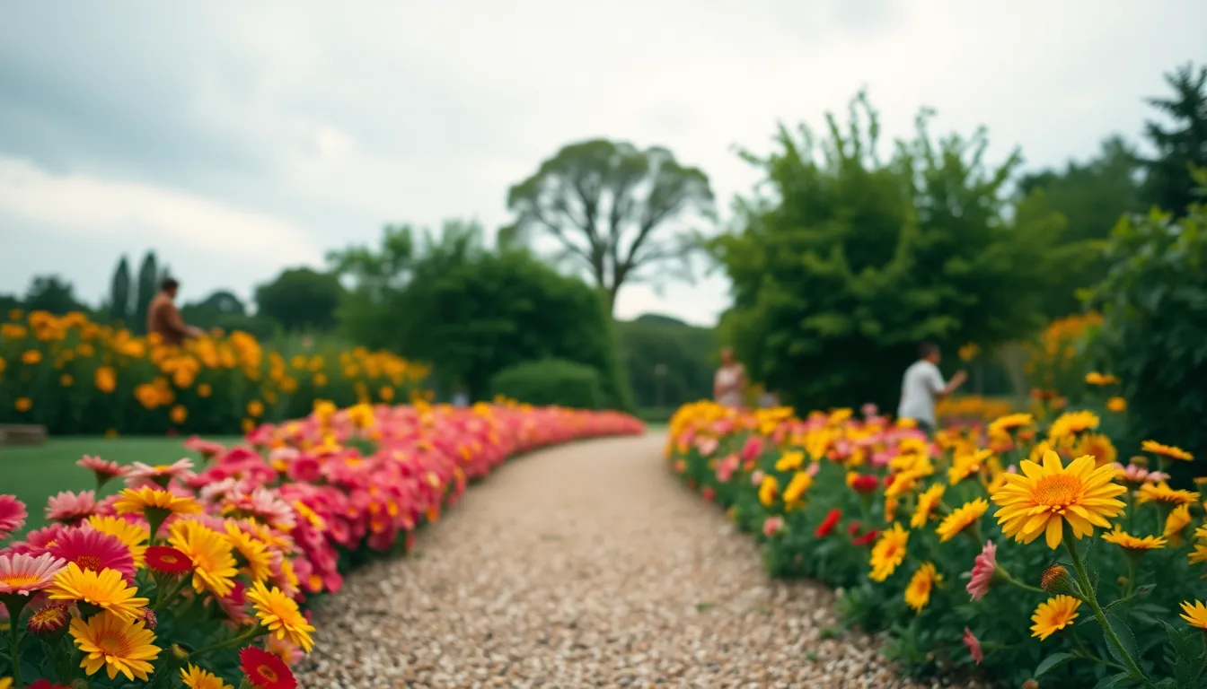 Vibrant Flower Beds Along Garden Path