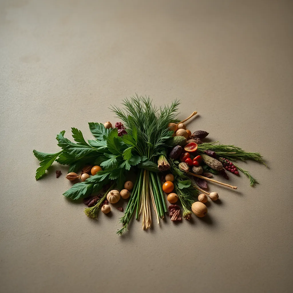 This detailed image showcases an intricate arrangement of herbs on a textured concrete surface, beautifully lit by a three-point studio setup. The subtle interplay of light brings out the rich details of each herb, while the natural muted tones evoke an organic feel. The centered composition draws the viewer's eye to the delicate textures of the arrangement, celebrating the beauty of nature.