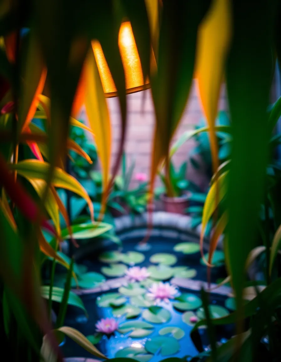 This vibrant image showcases a meticulously arranged garden pathway, framed by colorful blooms on either side. The warm tungsten lighting highlights the intricate textures of the plants and flowers, inviting viewers into this lush space. A deep depth of field ensures every detail from the pathway to the floral edges is sharply in focus, creating a rich tapestry of color and life. Ideal for garden design and landscaping concepts.