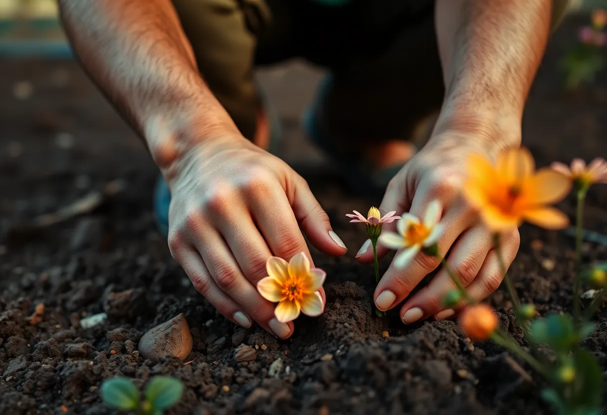 A dynamic scene capturing a gardener in the act of planting vibrant flowers, illuminated by soft, direct lighting that highlights the textures of the soil and petals. The detailed focus on the gardener's hands creates an intimate connection with the earth, while the cinematic color grading enhances the warmth of the moment. The diagonal composition adds energy to the scene, illustrating the beautiful interaction between human and nature in this vibrant garden setting.