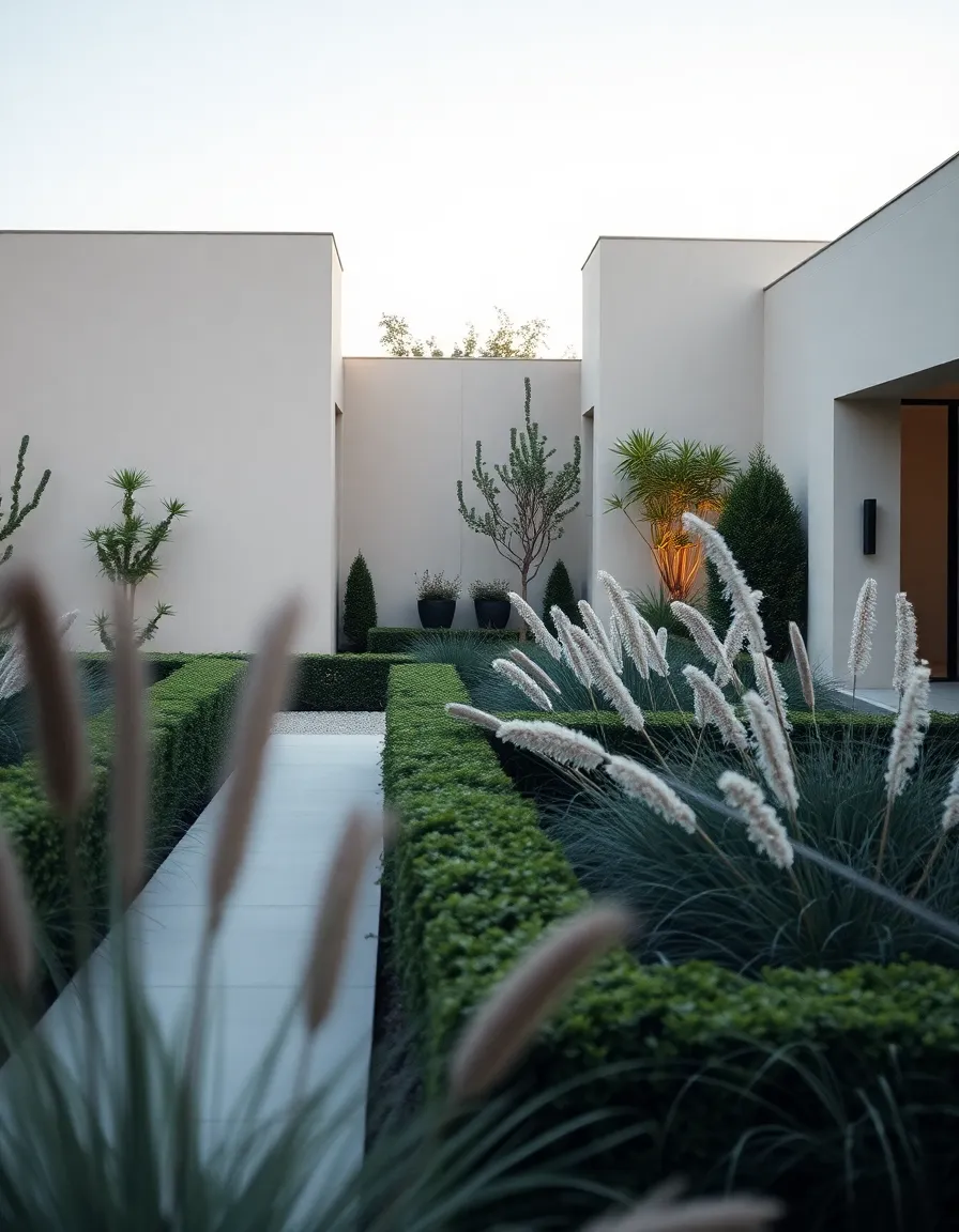 This sophisticated image presents a contemporary garden featuring geometric hedges and ornamental grasses, captured in soft evening light. The clean lines and modern design create a sense of elegance and tranquility. With a shallow depth of field, the focus is on the architectural elements, while the warm glow of the evening light enhances the inviting atmosphere. The symmetrical composition showcases the meticulous landscaping, making it an appealing visual for modern garden enthusiasts and designers.