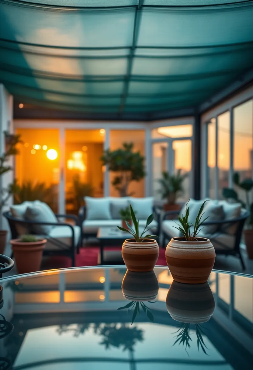 This modern garden patio is beautifully illuminated by warm sunset light, creating a captivating ambiance perfect for relaxation. The elegant arrangement of furniture and vibrant potted plants takes center stage, enhanced by a cinematic color grading of teal and orange. The shallow depth of field isolates the scene, allowing the viewer to appreciate the textures of the cushions and ceramic pots. This serene outdoor setting evokes a sense of tranquility and stylish comfort.