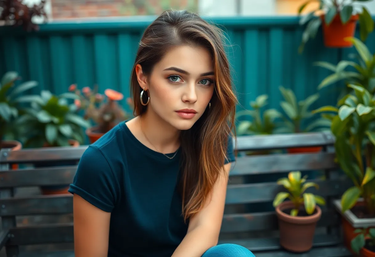 In this tranquil portrait, a woman relaxes on a rustic garden bench, surrounded by potted plants and flowers. The professional lighting highlights her natural beauty, capturing authentic skin details and creating a soft glow around her. The composition balances her figure against the vibrant greenery, evoking a peaceful moment in nature. This image is perfect for lifestyle brands and outdoor living promotions.