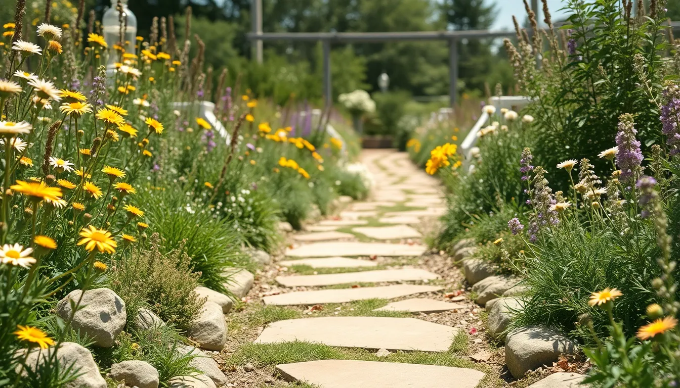 This delightful image features a whimsical garden pathway bordered by vibrant wildflowers, inviting viewers to explore the charm of nature. Shot on a bright sunny day, the path draws the eye into the heart of the garden. With moderate depth of field, the entire scene remains crisp, showcasing the textures of weathered stones and delicate flower petals. The soft, muted color palette enhances the serene atmosphere, making it an ideal visual for outdoor enthusiasts and nature lovers.