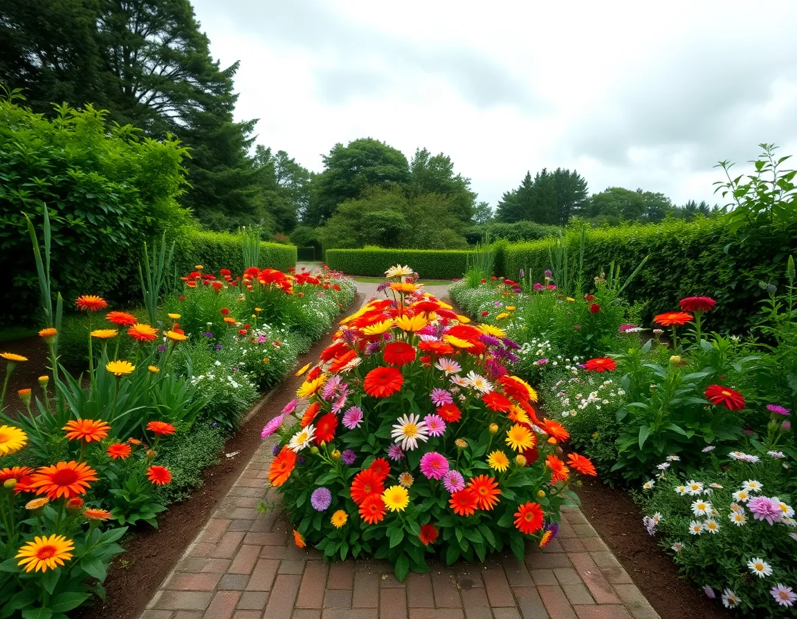 Vibrant Flower Arrangement in Garden Pathway
