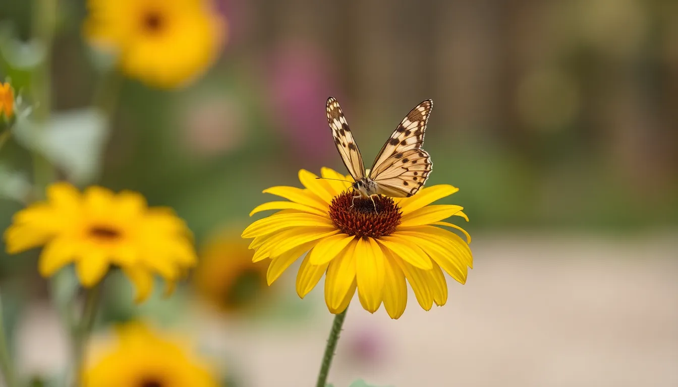 Delicate Butterfly on Sunflower in Garden A delicate butterfly rests on a bright sunflower, captured in a serene garden setting under soft diffused daylight. The shallow depth of field emphasizes the intricate details of the butterfly's wings, while the muted earth tones of the background evoke a calm, natural atmosphere. The composition follows the rule of thirds, drawing attention to the butterfly and sunflower, highlighting the beauty of nature's intricate interactions.