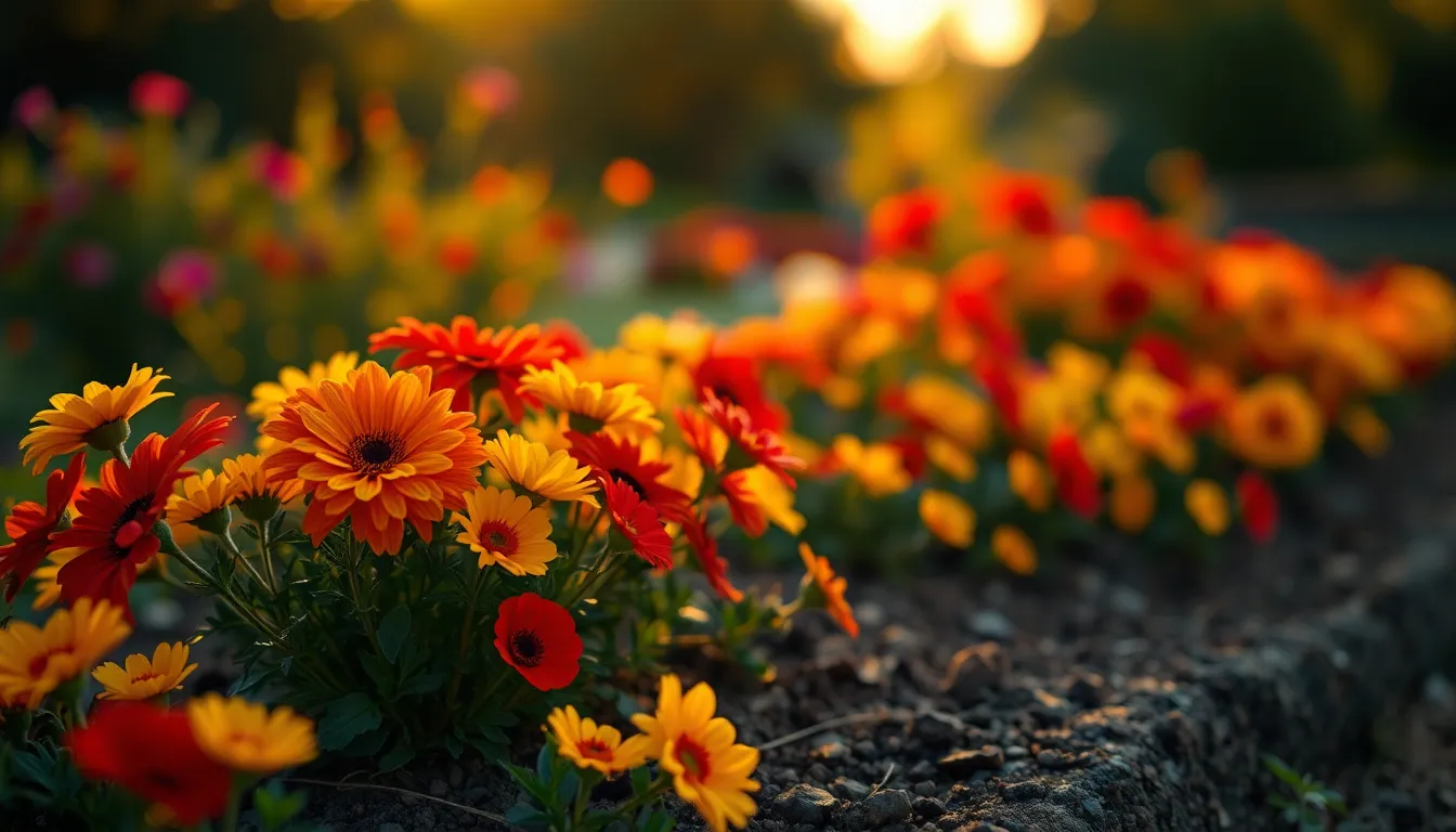 This stunning image captures a colorful flower bed illuminated by the warm glow of the golden hour. Vivid reds, yellows, and greens pop against a soft, blurred background, inviting viewers into the serene garden space. The petals display intricate textures, grounding the composition while the bokeh enhances its dreamy quality. This photograph brings a sense of calm and beauty, perfect for any nature enthusiast or gardening website.