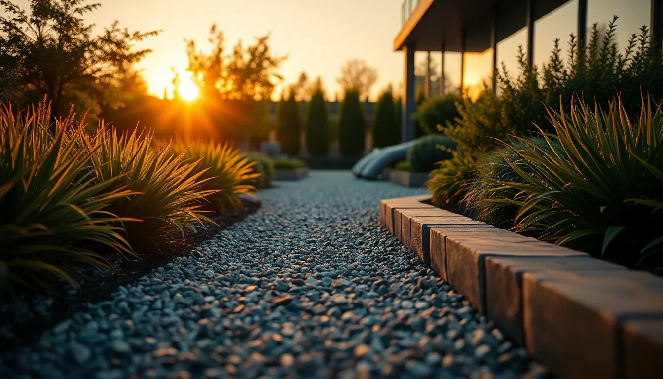 This breathtaking photograph presents a modern garden design in the warm glow of sunset. The interplay of light and shadow creates dramatic contrasts, highlighting the path that winds through vibrant greenery. The cinematic color grading enhances the warm sunset tones and cool greens, creating a visually striking effect. With a focus on texture and the inviting pathway, this image perfectly encapsulates contemporary garden aesthetics for design and architecture enthusiasts.