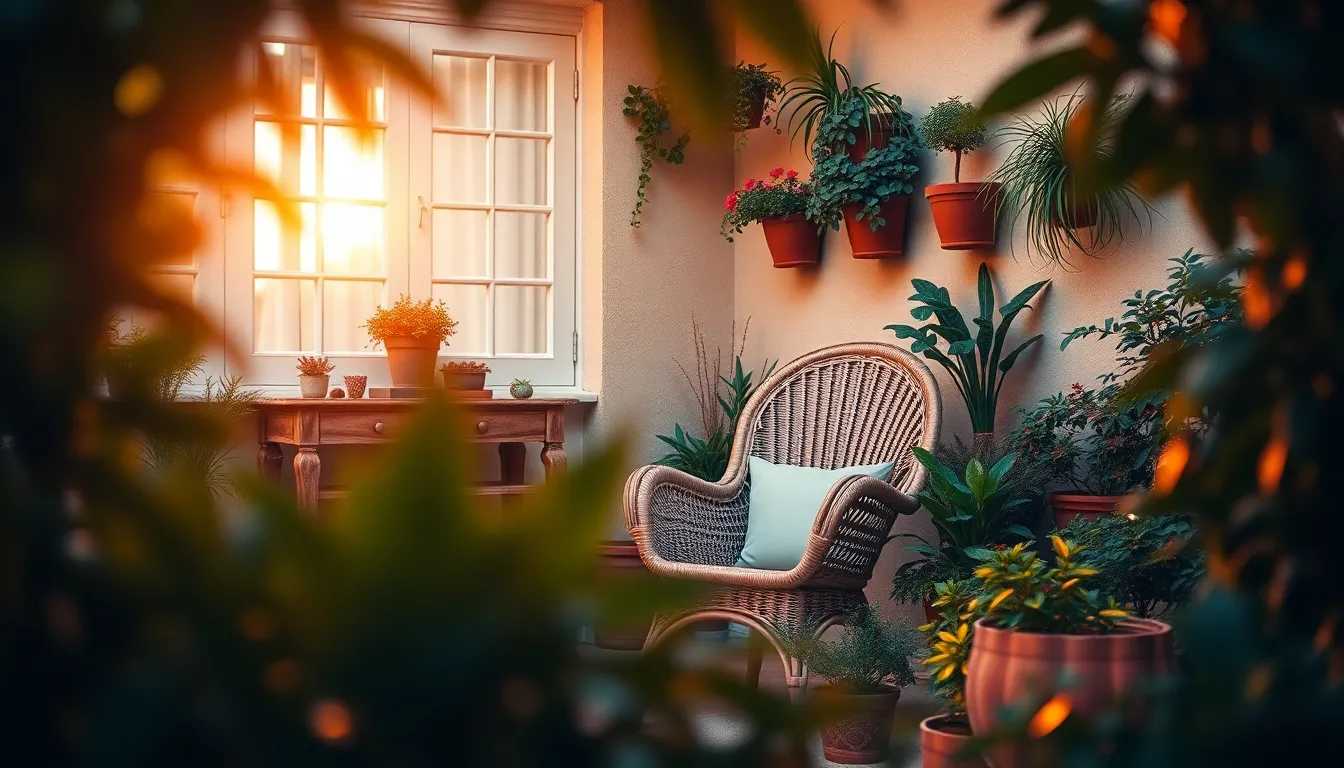 This image depicts a cozy garden nook featuring vintage furniture and vibrant potted plants. Warm evening light envelops the scene, creating an inviting and soft atmosphere. The shallow depth of field brings attention to a charming wicker chair, comfortably nestled among lush greenery. Beautiful warm hues evoke a sense of serenity, making this nook the perfect escape for relaxation.
