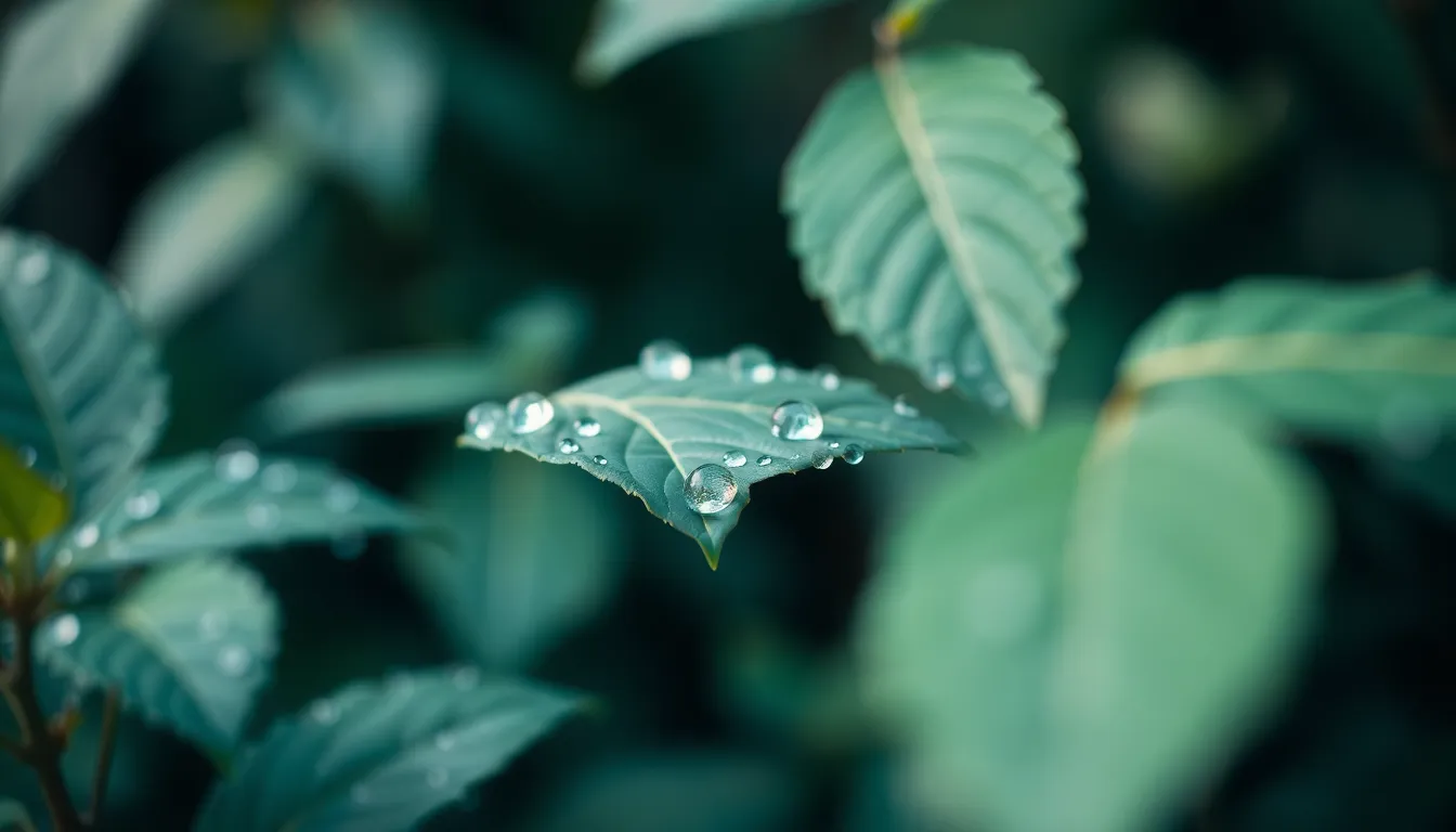 This close-up image captures the intricate beauty of dew-kissed leaves in a peaceful garden setting. Soft, filtered light enhances the serene atmosphere as water droplets cling delicately to each leaf. Rich greens and cool blues dominate the color palette, evoking the freshness of a post-rain scene. The intimate composition draws viewers' attention to the textural beauty of nature, inviting a moment of calm reflection.