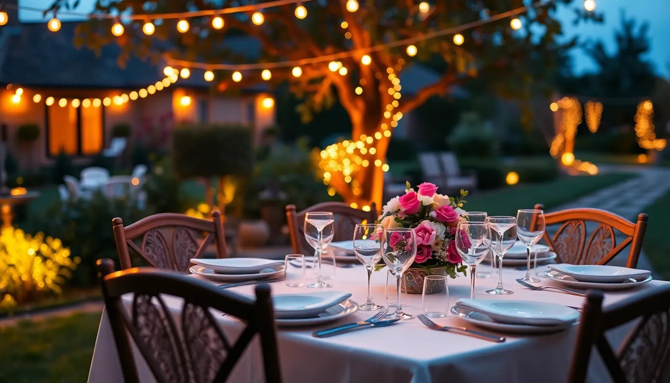 A stunning outdoor dining setup illuminated by soft tungsten lights, creating an intimate atmosphere. The table is beautifully arranged with elegant dinnerware and surrounded by lush floral arrangements. As twilight approaches, the warm colors blend harmoniously with the deep blue sky, creating a magical setting perfect for evening gatherings. The dynamic composition enhances the inviting charm of this garden dining experience.