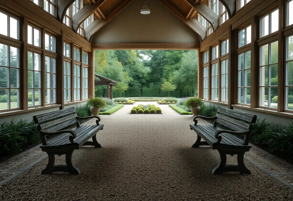 Tranquil Garden Pathway with Benches This serene garden pathway invites viewers into a peaceful outdoor space, framed by lush greenery and elegant seating. The soft, diffused daylight accentuates the natural textures of the wooden benches and the smooth gravel, enhancing the inviting atmosphere. The composition uses leading lines to draw attention along the garden path, encouraging exploration of this tranquil retreat.