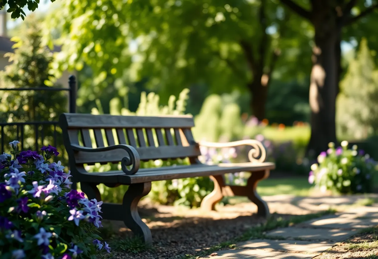 This enchanting image captures a rustic wooden bench nestled in a vibrant garden filled with blooming violets. The dappled sunlight filters through the trees, creating a warm and inviting atmosphere. With a shallow depth of field, the bench remains the focal point, enhancing the lush greenery and colorful flowers surrounding it. The soft textures and warm Kodak Portra-inspired colors evoke a sense of peace and natural beauty, making it perfect for garden enthusiasts and decorators.