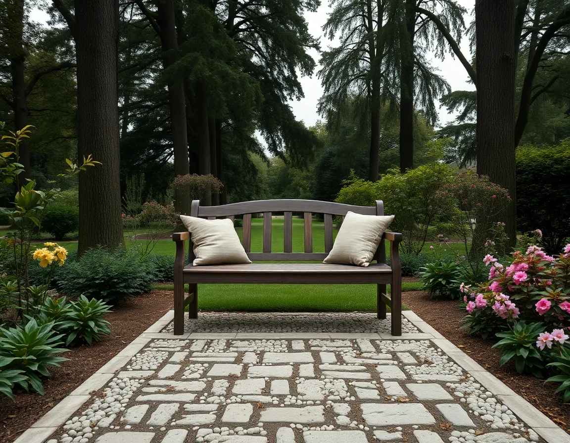 A beautifully composed garden scene under soft, overcast light, featuring a rustic bench with plush cushions nestled among vibrant flowers. The gentle diffusion of light enhances the earthy colors and textures, making the scene inviting and serene. The garden path, lined with smooth stones, adds depth and character to the composition. This tranquil setting is perfect for relaxation and reflection in nature.