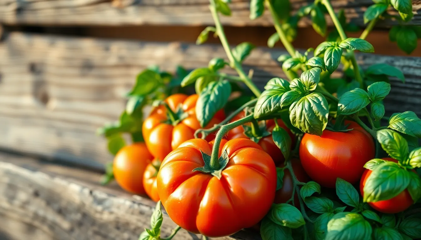 Harvest Bounty in a Vibrant Vegetable Garden A stunning display of fresh heirloom tomatoes and basil in a rustic vegetable garden, captured in warm evening sunlight. The macro perspective reveals intricate textures of the produce, enhancing the viewer's appreciation of the vibrant colors and natural beauty. The centered composition showcases the bounty of the harvest, inviting exploration and evoking a sense of agricultural abundance.