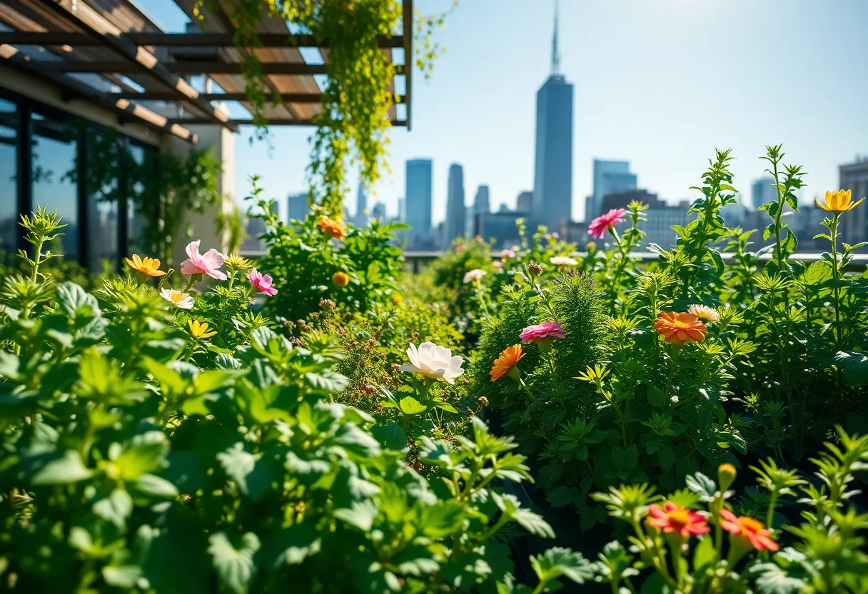 This dynamic image showcases a vibrant urban rooftop garden, filled with an array of plants and herbs against a city skyline. Illuminated by bright afternoon sunlight, the scene bursts with color and vitality, capturing the essence of urban gardening. The shallow depth of field emphasizes the freshness of the herbs in the foreground, creating a stunning contrast with the blurred city behind. This image is perfect for urban lifestyle and gardening themes, representing the integration of nature within city life.